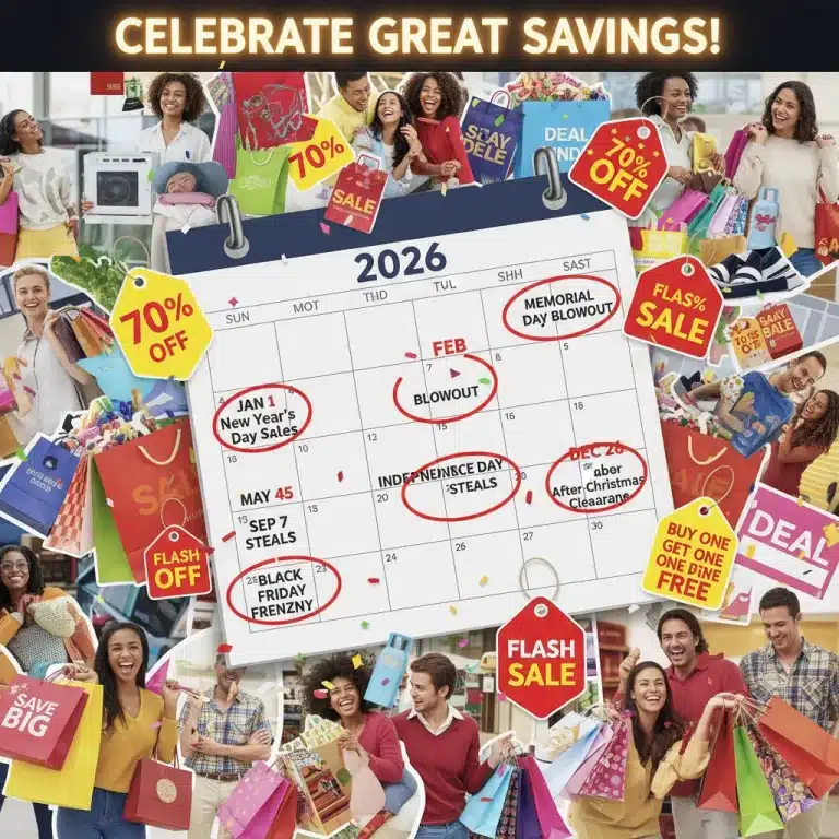 Shoppers with bags celebrating seasonal sales in the US, 2026