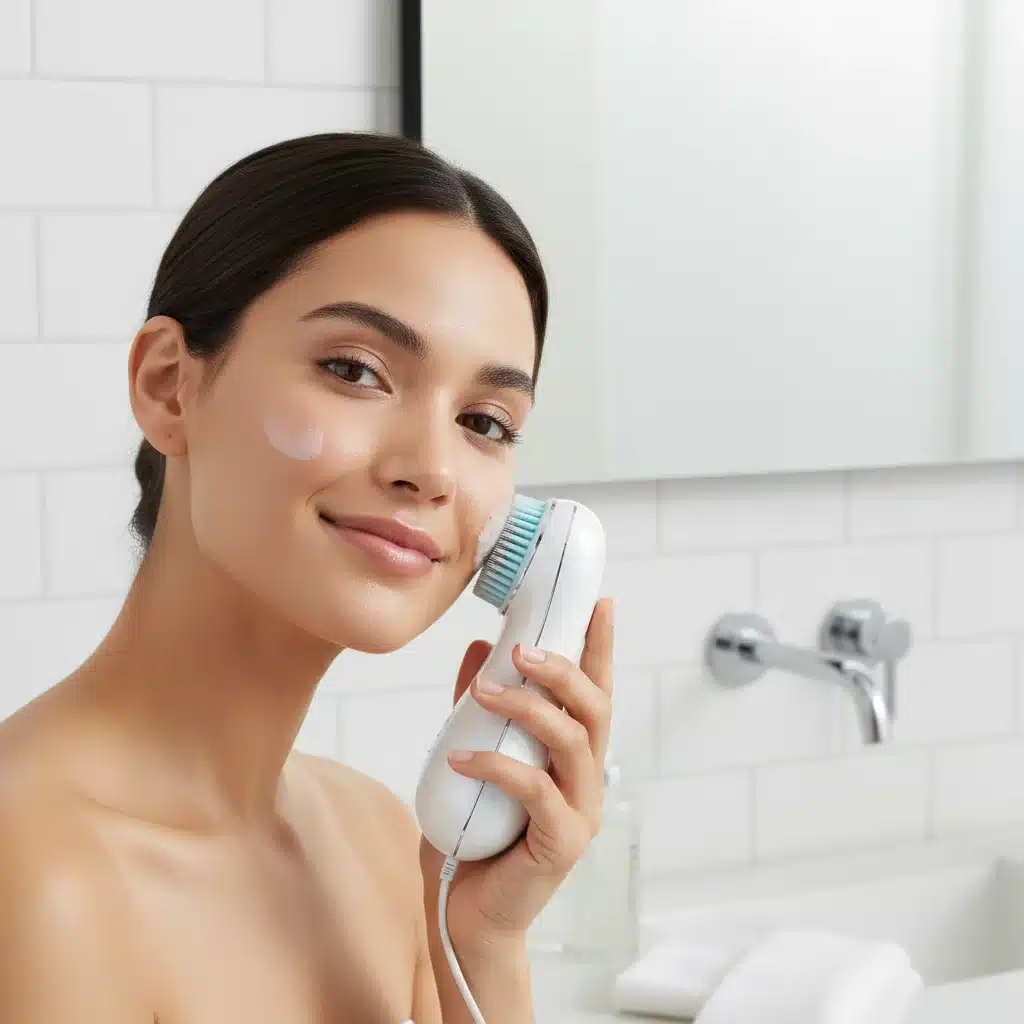 Woman happily using a high-quality refurbished facial cleansing brush in her bathroom routine.