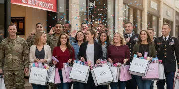 Veterans and military members with beauty product shopping bags, celebrating discounts