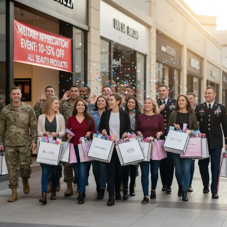 Veterans and military members with beauty product shopping bags, celebrating discounts
