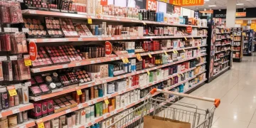 Vibrant display of beauty clearance items with 50% off signs