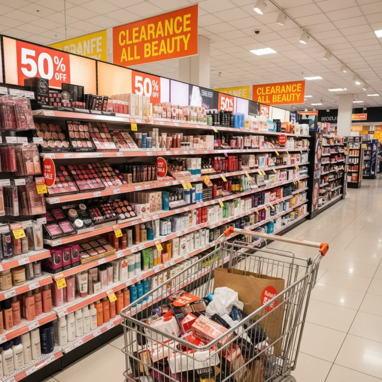 Vibrant display of beauty clearance items with 50% off signs