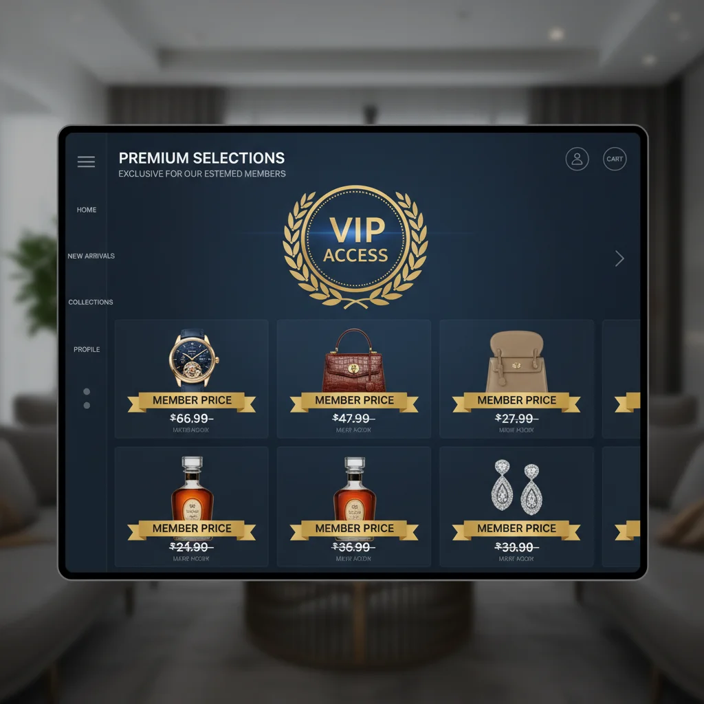 Digital screen showing VIP access to luxury online shopping items