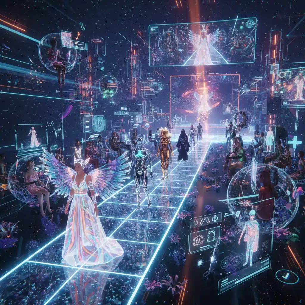 Diverse avatars attending a virtual fashion show in a metaverse environment.
