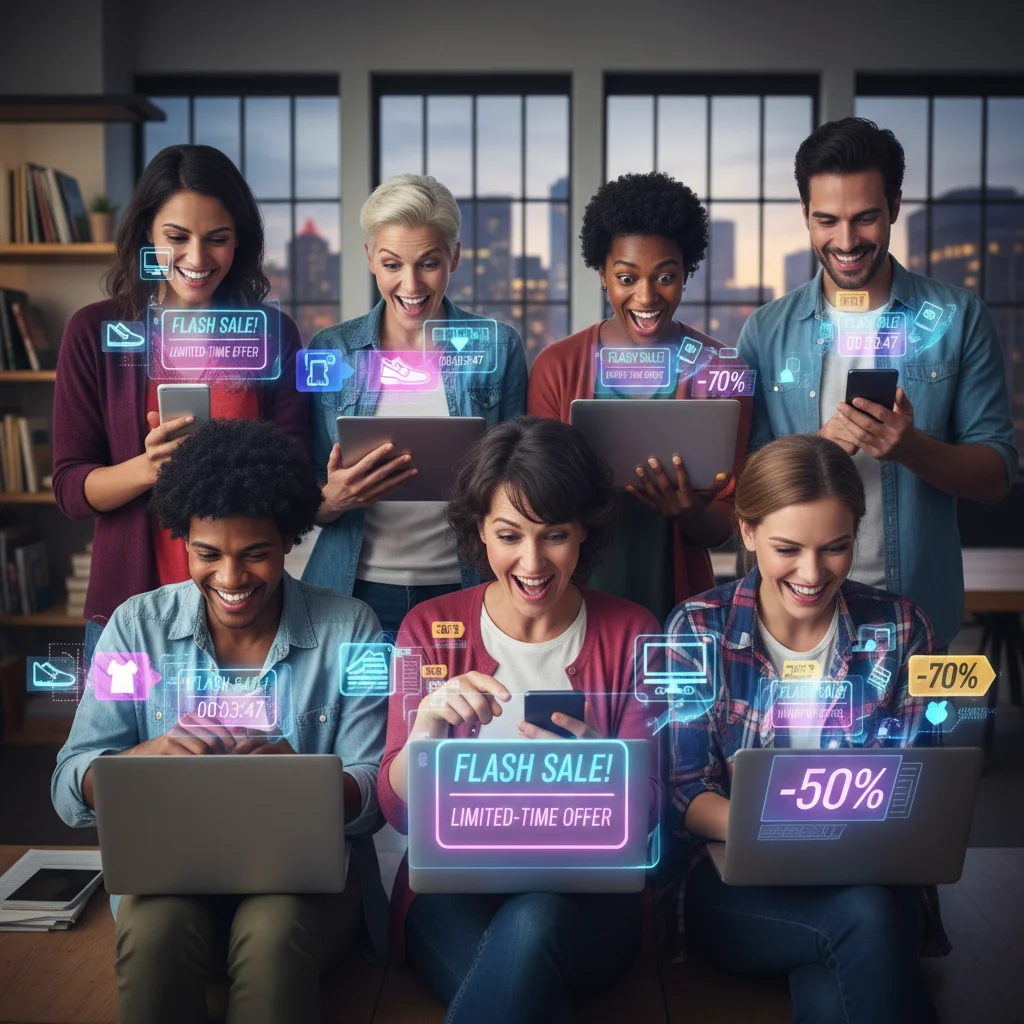 People engaging in a fast-paced virtual flash sale event