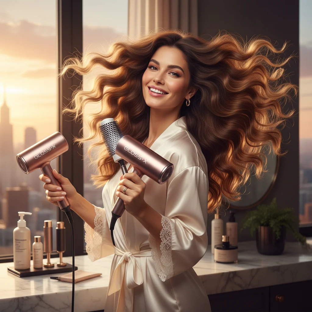 Woman with voluminous, shiny hair styled with premium tools
