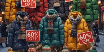 Winter apparel clearance sale with coats, scarves, and hats displayed in a store with '60% Off' signs.
