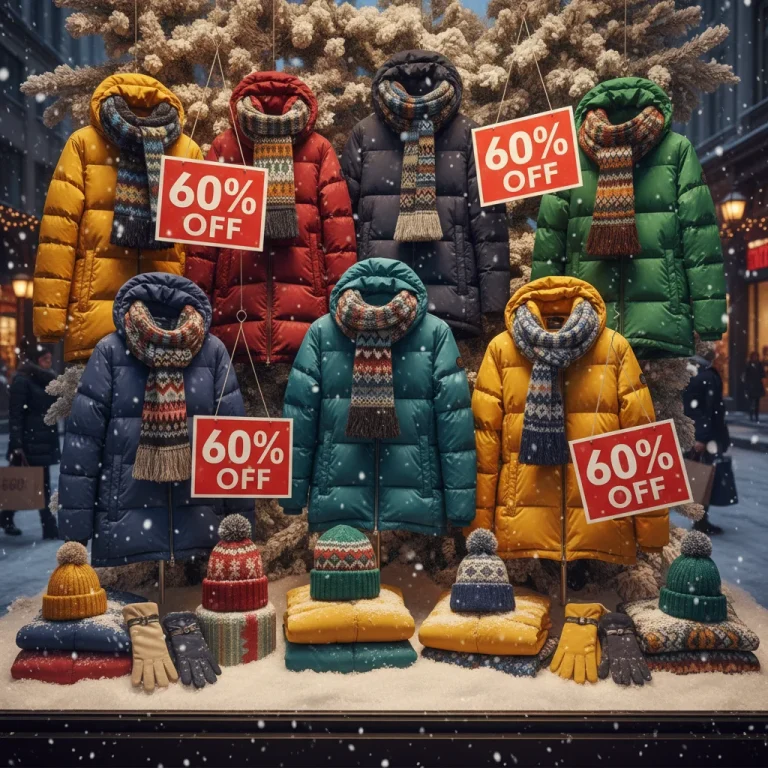 Winter apparel clearance sale with coats, scarves, and hats displayed in a store with '60% Off' signs.