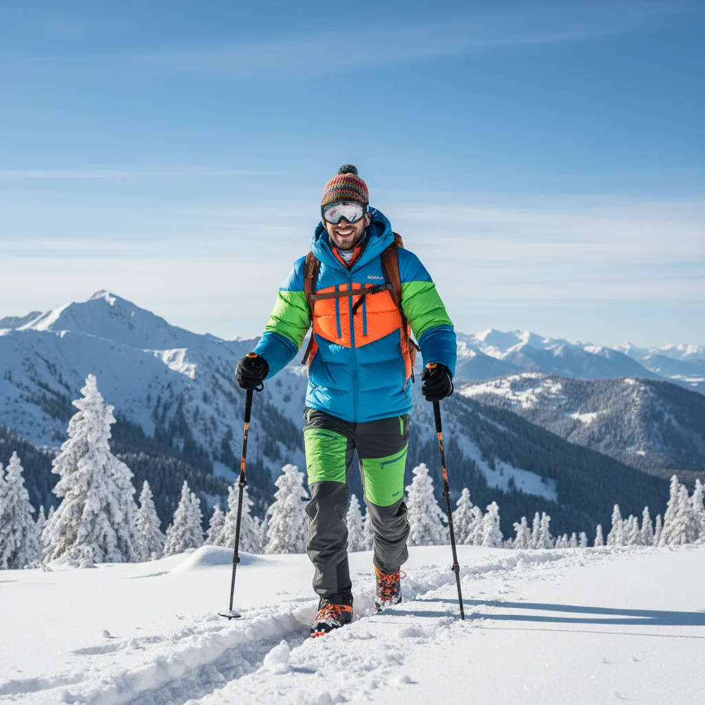 Person hiking in snowy mountains wearing a bright insulated down jacket