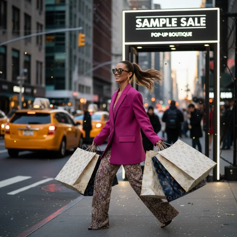 Woman with designer shopping bags leaving a successful sample sale event