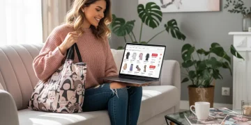Woman finding online fashion deals with Chrome extensions