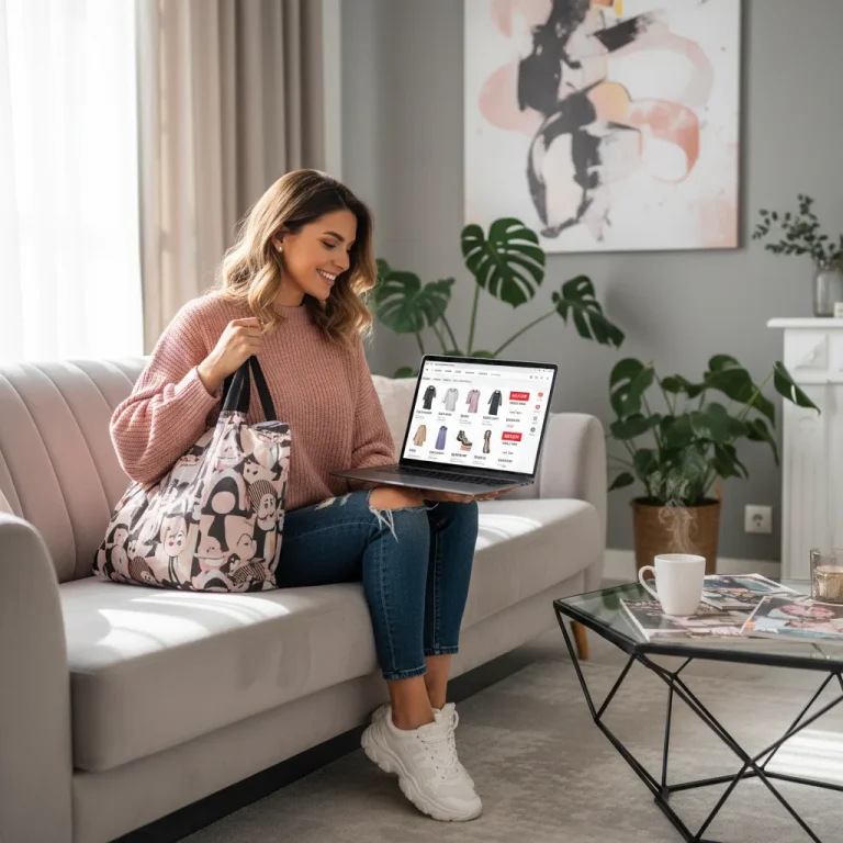 Woman finding online fashion deals with Chrome extensions