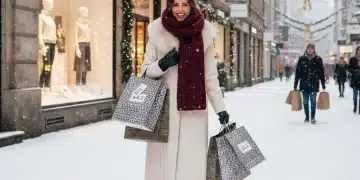 Woman happily shopping post-holiday sales, carrying bags with discounted fashion items.