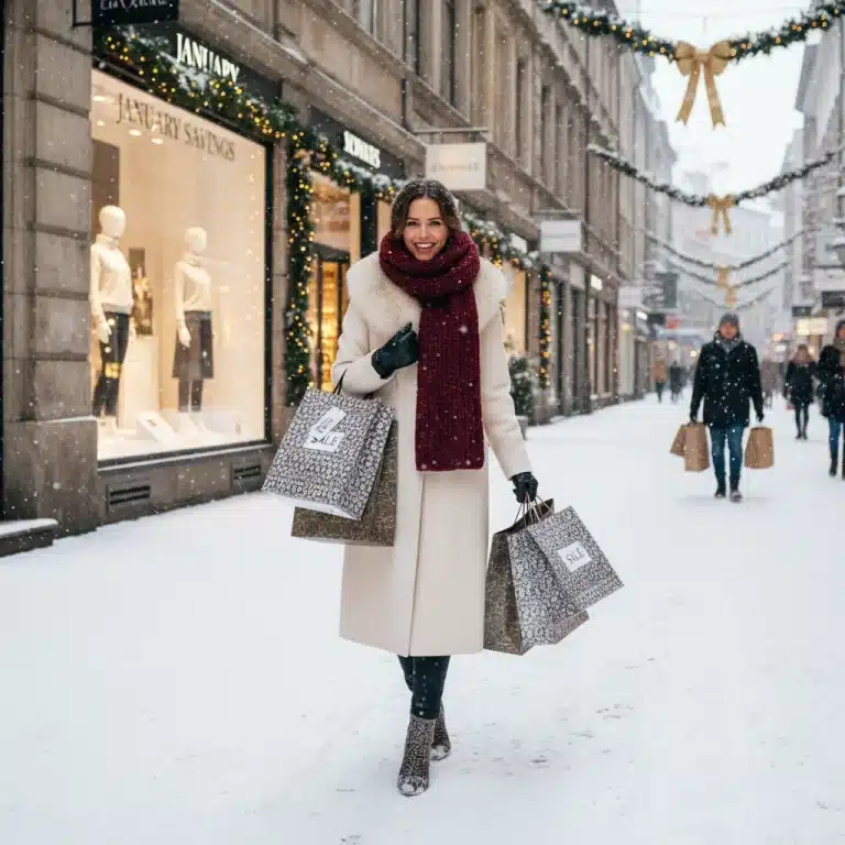 Woman happily shopping post-holiday sales, carrying bags with discounted fashion items.
