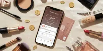 Assortment of beauty products with loyalty program card and smartphone