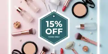 Flat lay of diverse beauty products with a 15% off tag, symbolizing online shopping savings.
