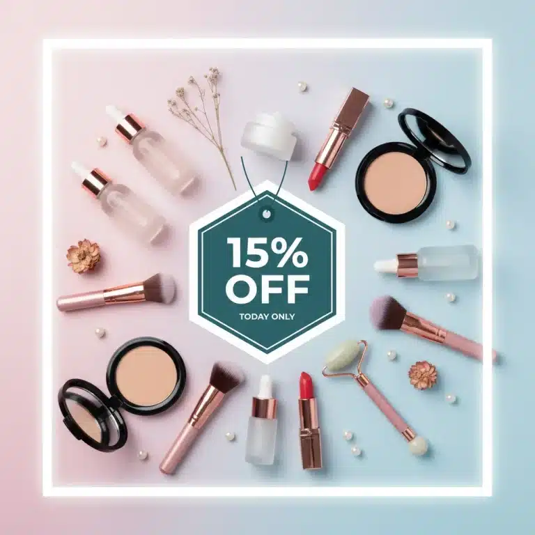 Flat lay of diverse beauty products with a 15% off tag, symbolizing online shopping savings.