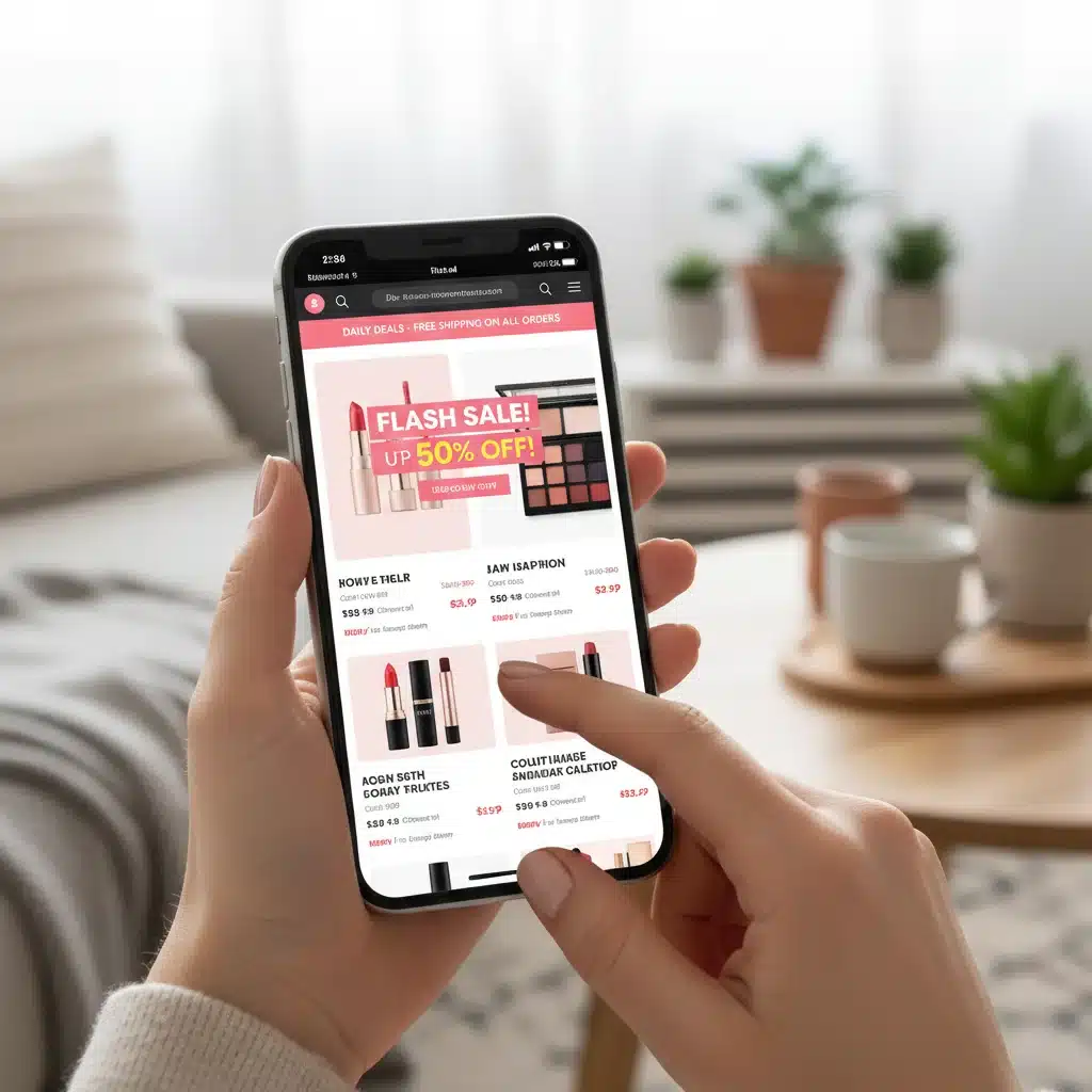 Person browsing beauty deals on a smartphone, indicating easy online shopping.
