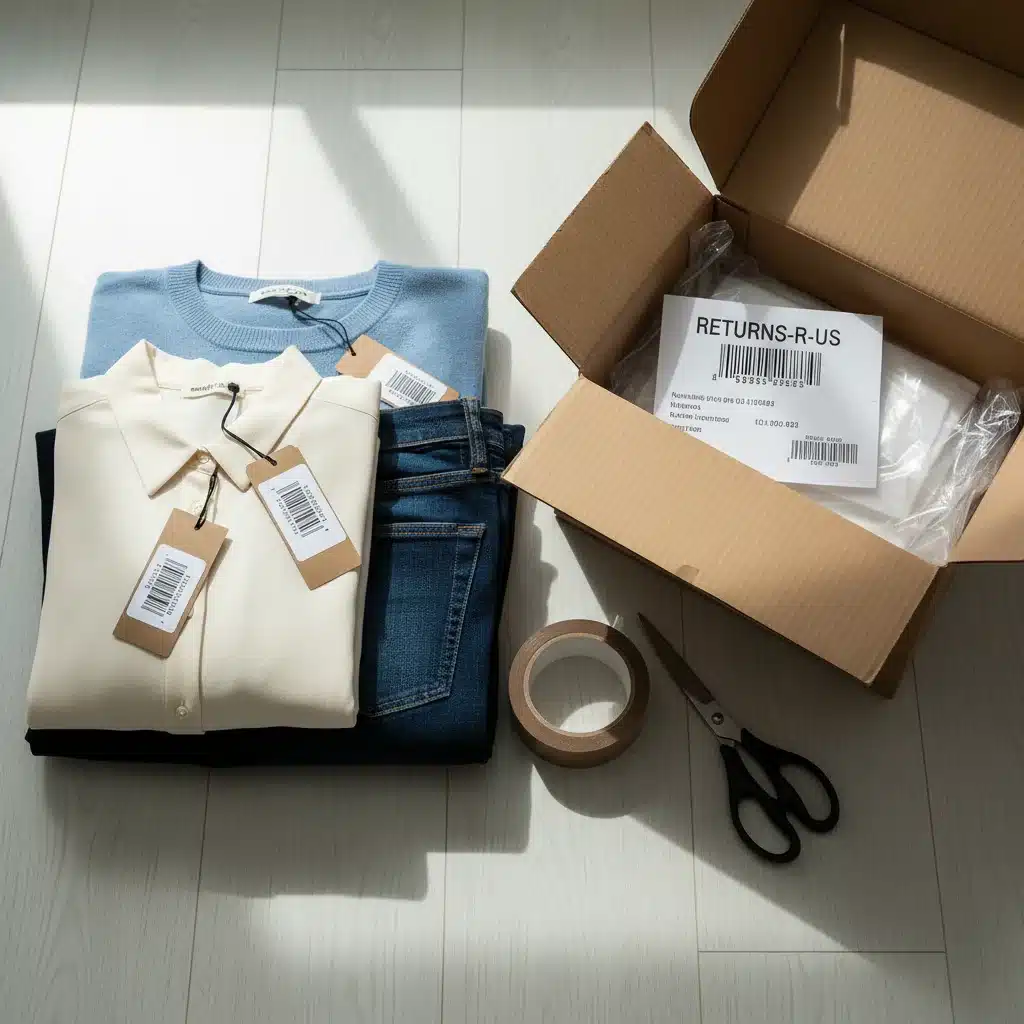 Clothing items prepared for return shipping with original tags.