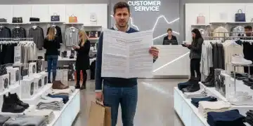 Confused shopper examining a dense return policy document in a retail store.