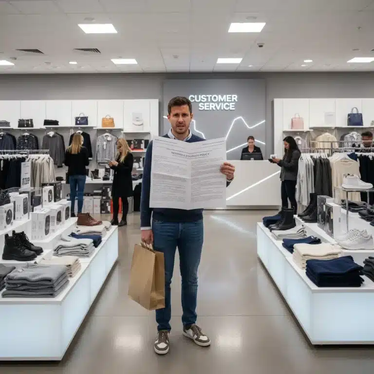 Confused shopper examining a dense return policy document in a retail store.