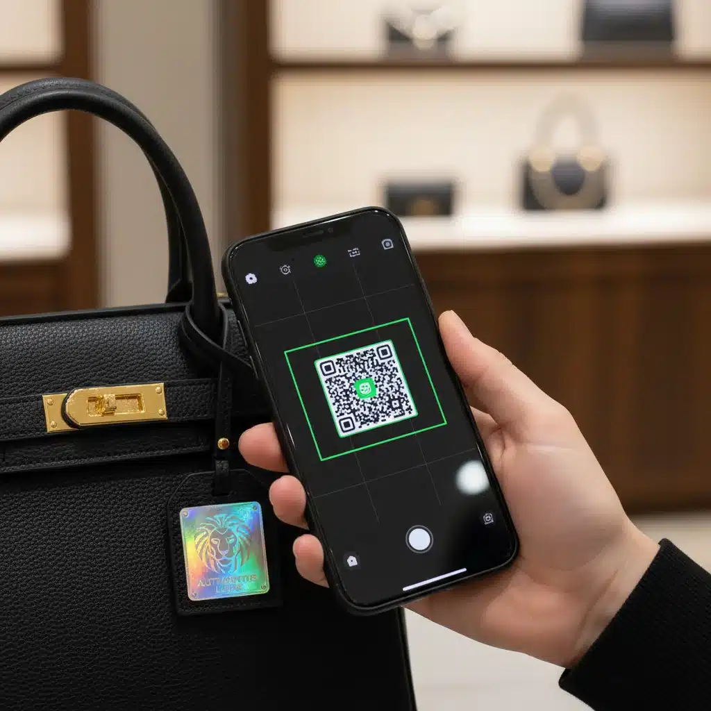 Smartphone scanning QR code on luxury item, holographic tag visible, emphasizing digital authenticity verification.