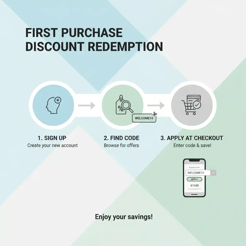 Infographic detailing steps to redeem a first purchase discount code online.