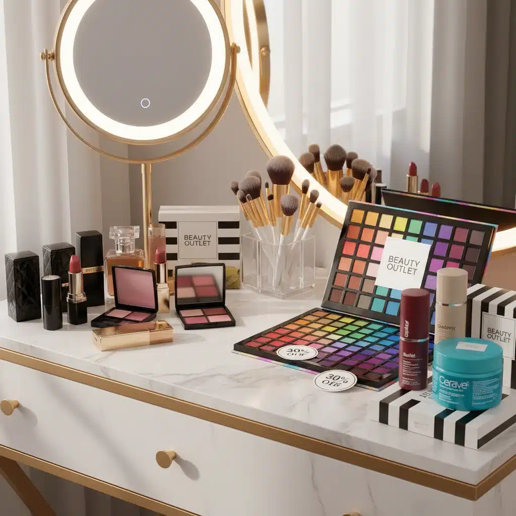 Organized vanity table with high-end and discounted beauty products, showcasing smart shopping.