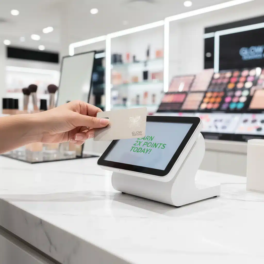 Customer earning points at beauty store checkout