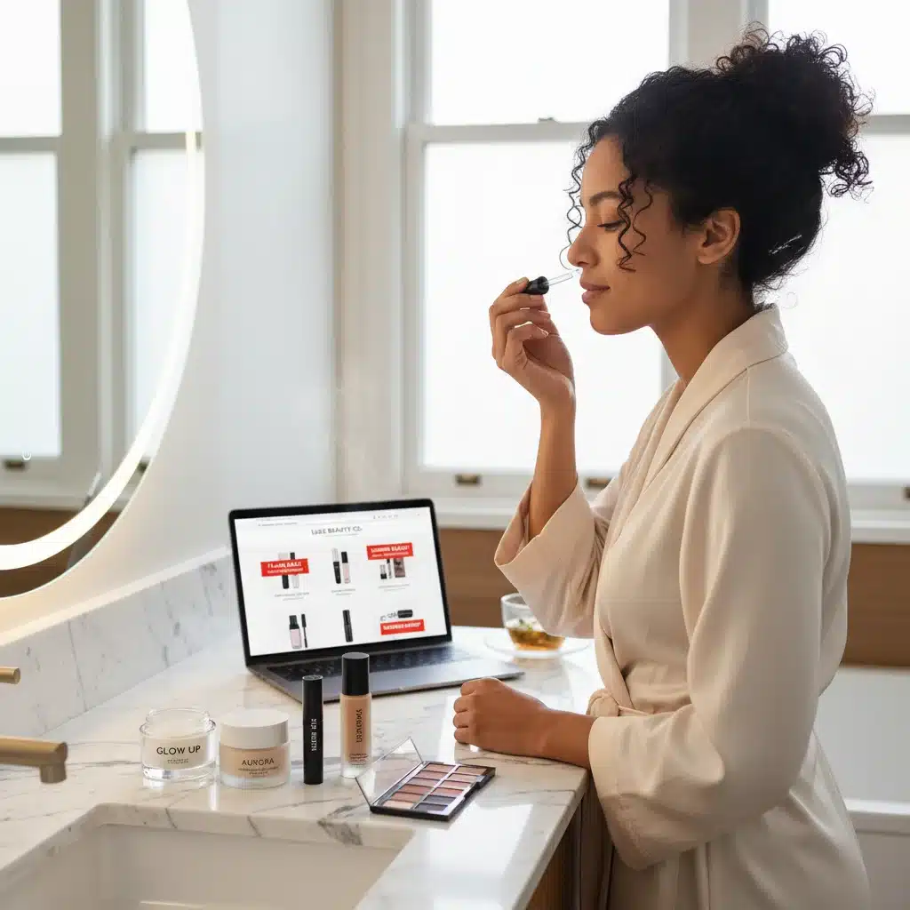 Educator using beauty products, with a laptop displaying online discount codes for beauty essentials.