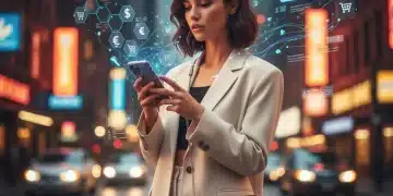 Woman using smartphone to find fashion deals in a modern city setting.