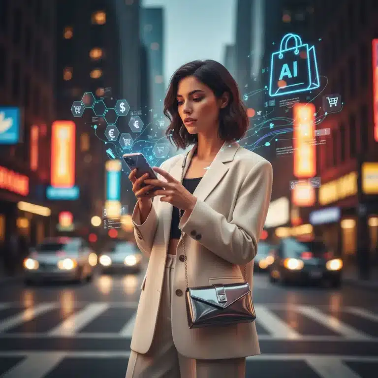 Woman using smartphone to find fashion deals in a modern city setting.