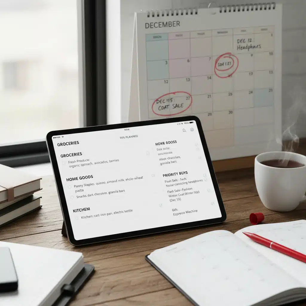 Organized digital shopping list with upcoming flash sale dates highlighted.