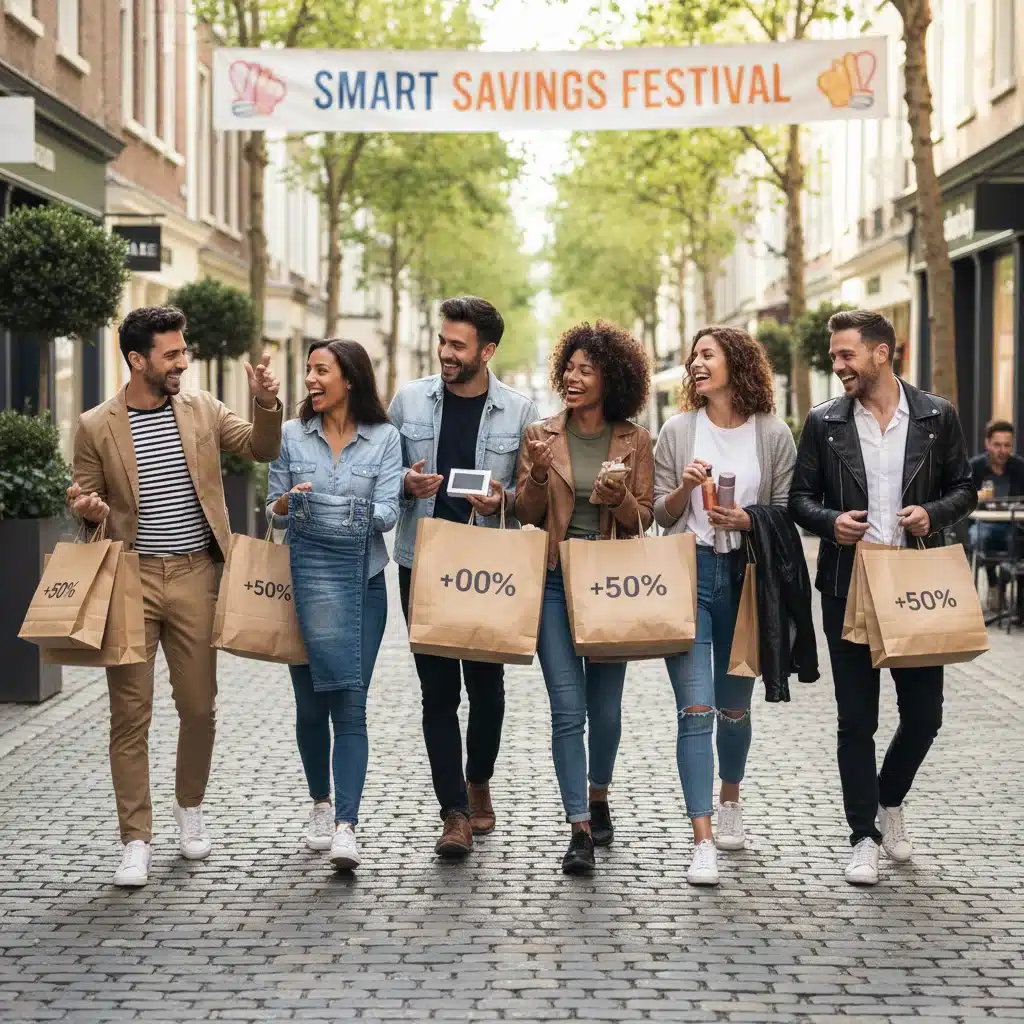 Friends celebrating smart shopping with discounted new collection items