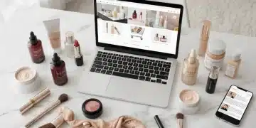 Luxury beauty products arranged with a laptop showing online shopping, symbolizing savings.