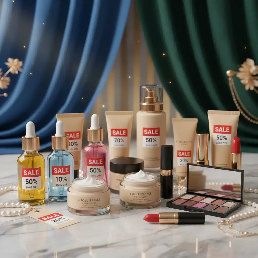 Luxury beauty products on sale with discount tags
