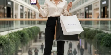 Woman maximizing loyalty program rewards for fashion purchases
