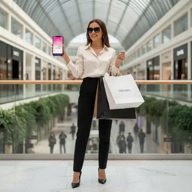Woman maximizing loyalty program rewards for fashion purchases