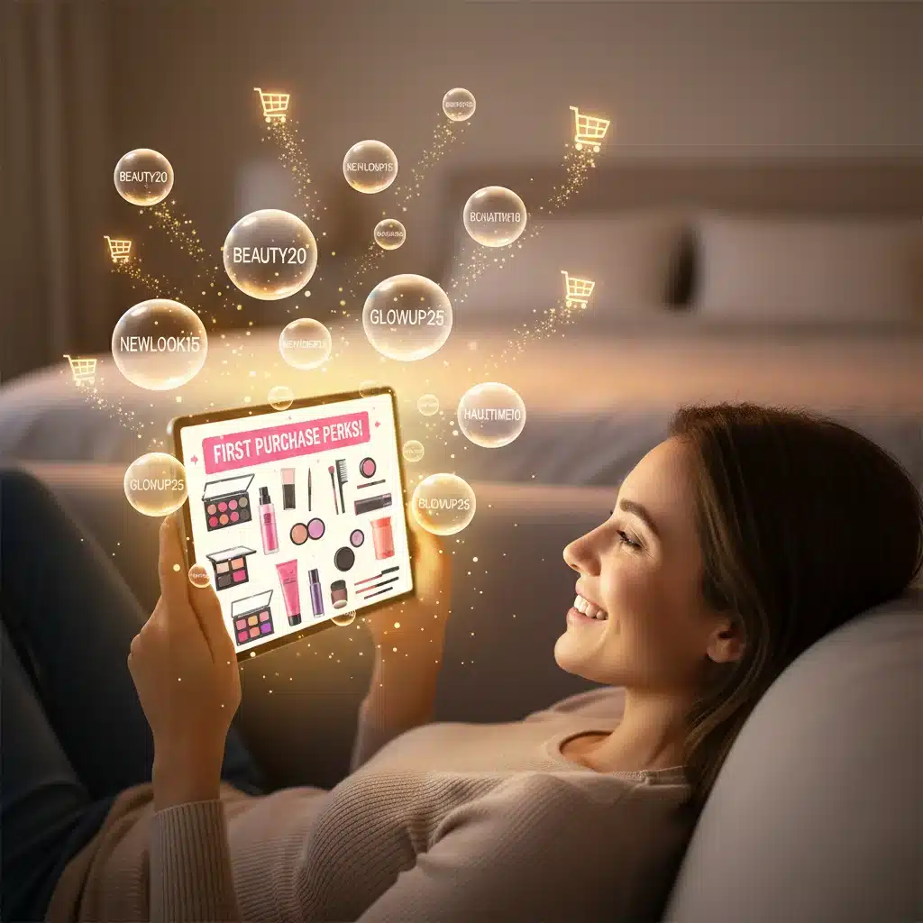 Person browsing beauty products on a tablet with discount codes, representing online shopping for deals.