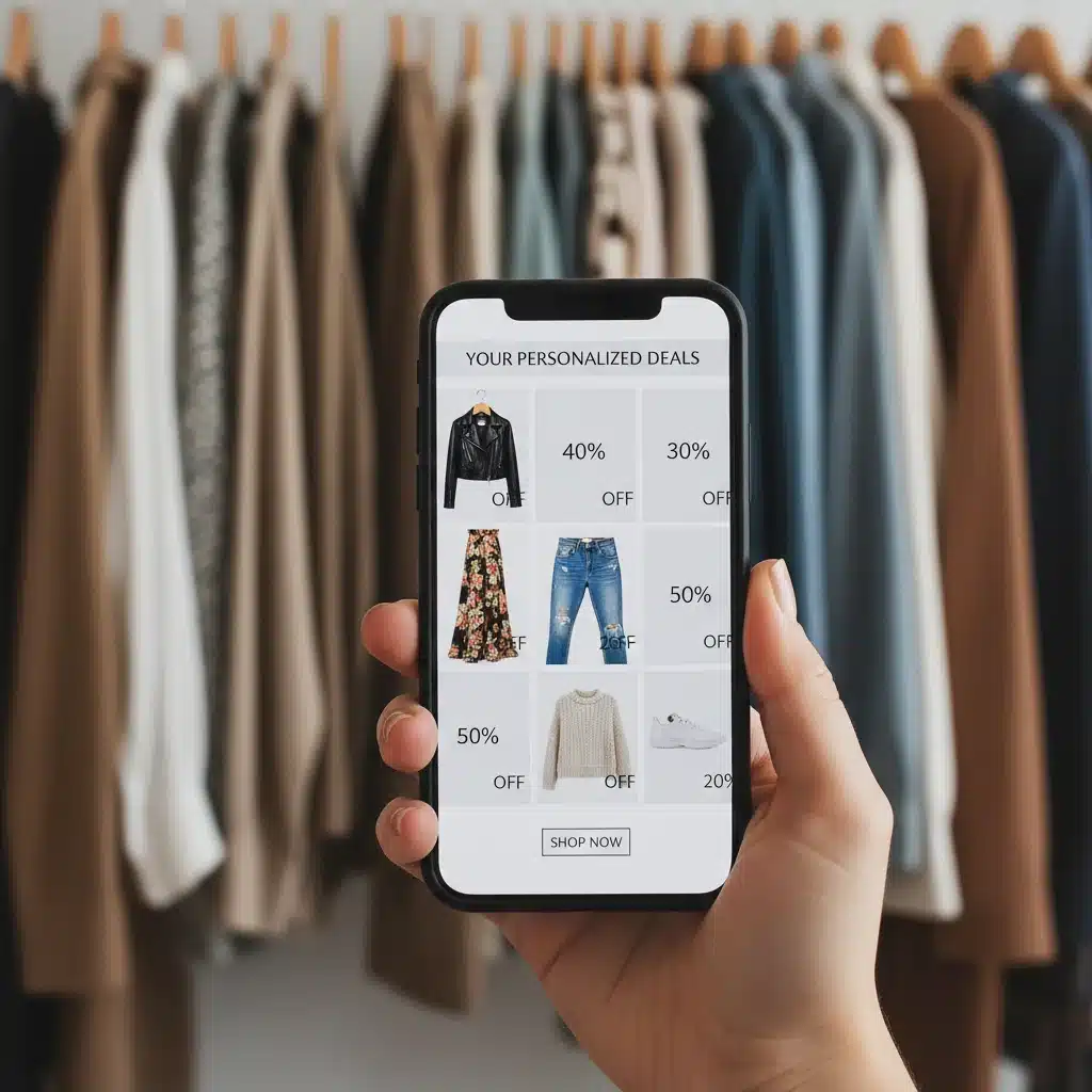 Personalized fashion deal app on a smartphone with clothes in the background.