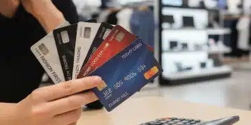 Person weighing store credit card rewards against high APR with calculator