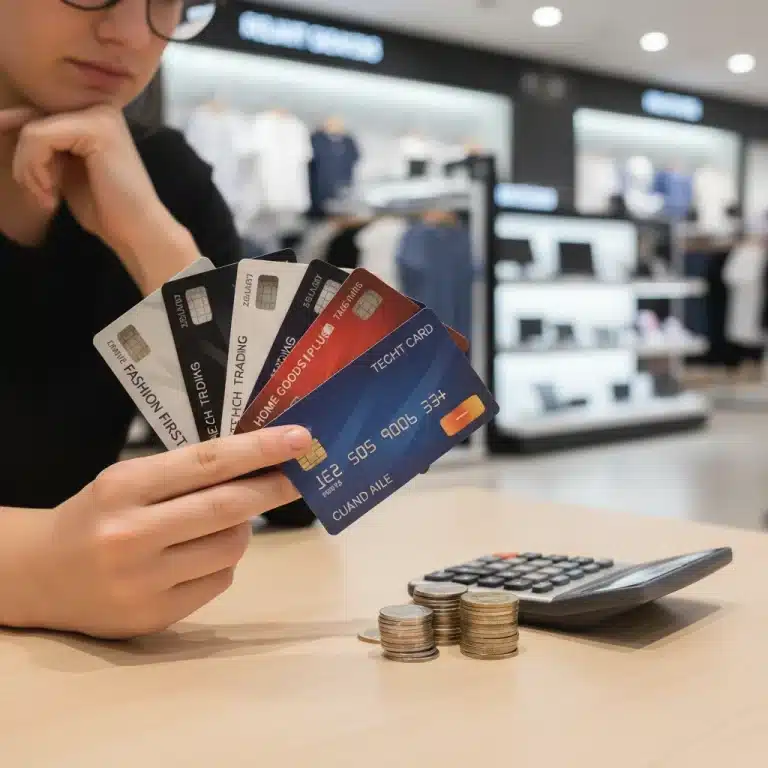Person weighing store credit card rewards against high APR with calculator