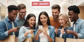 Students and educators happily reviewing discount offers on a smartphone, surrounded by fashion and beauty items.