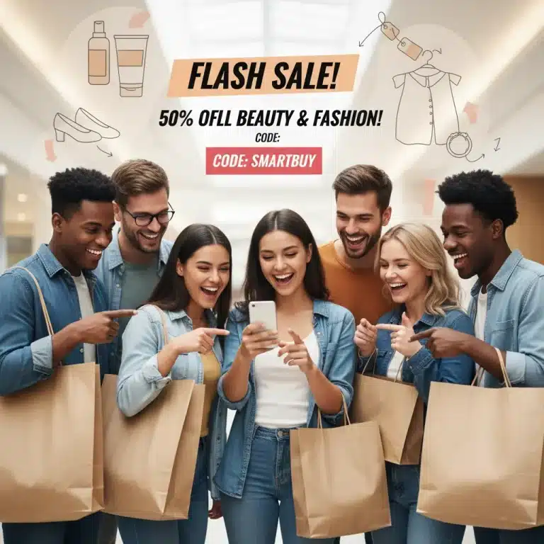 Students and educators happily reviewing discount offers on a smartphone, surrounded by fashion and beauty items.