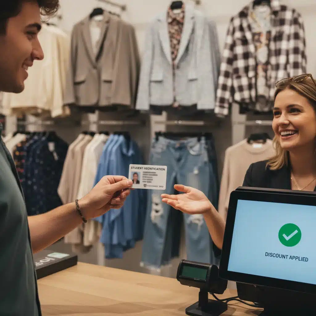 Student presenting ID for discount at a fashion retailer checkout.