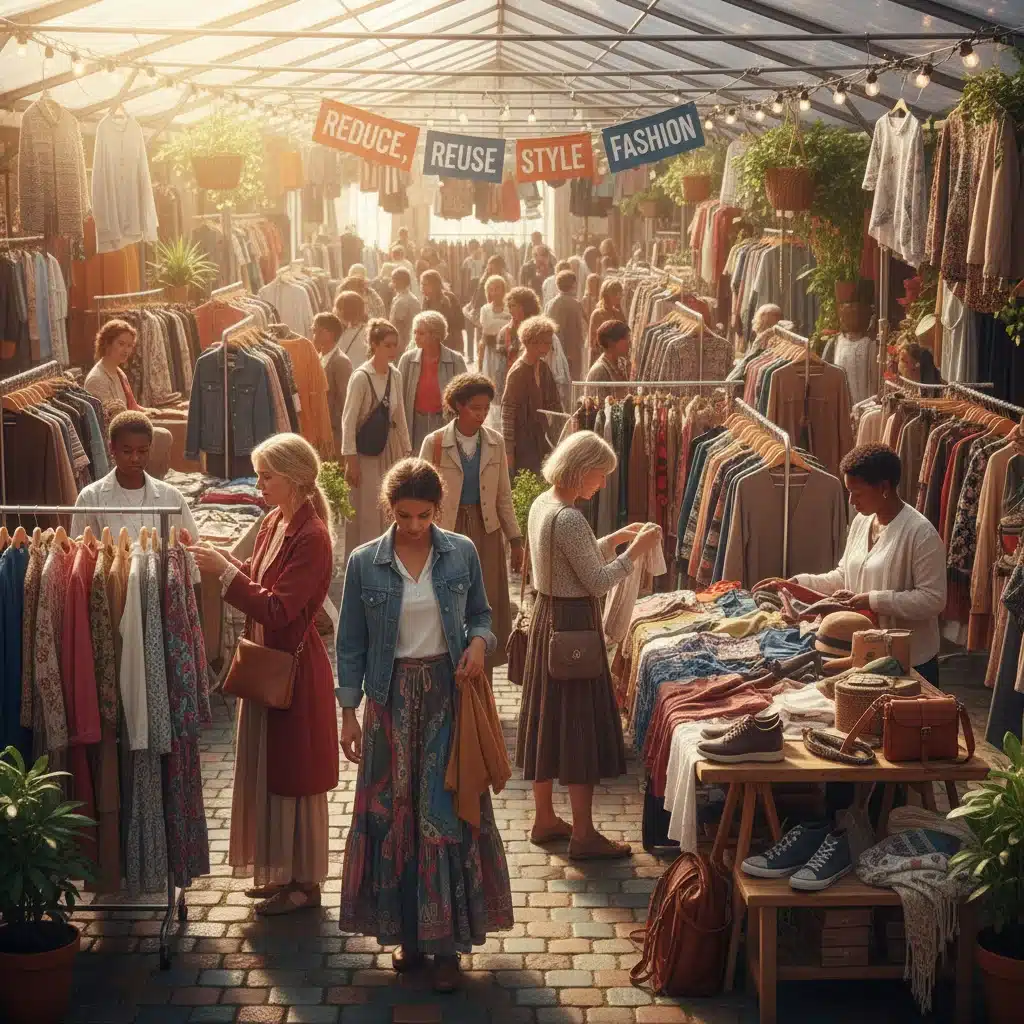 Shoppers exploring a sustainable second-hand fashion market.