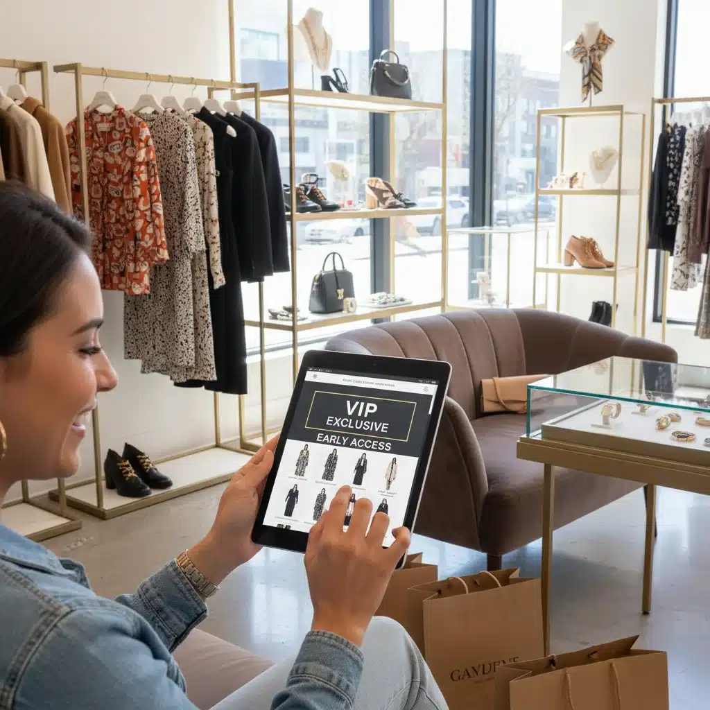 Person browsing new collection with VIP early access on tablet