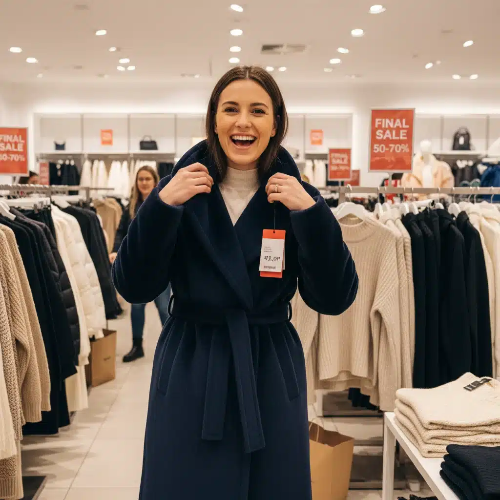 Woman trying on winter coat during off-season sale