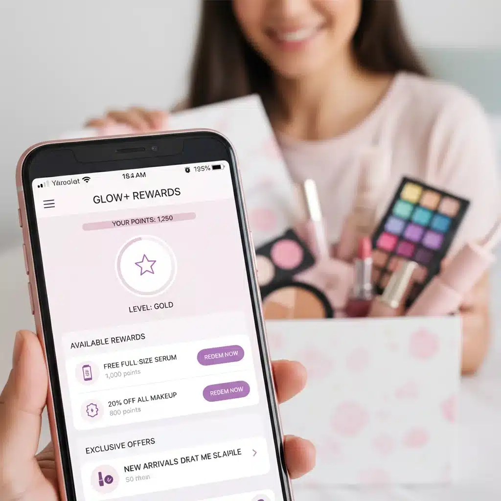 Smartphone displaying beauty loyalty program points and rewards