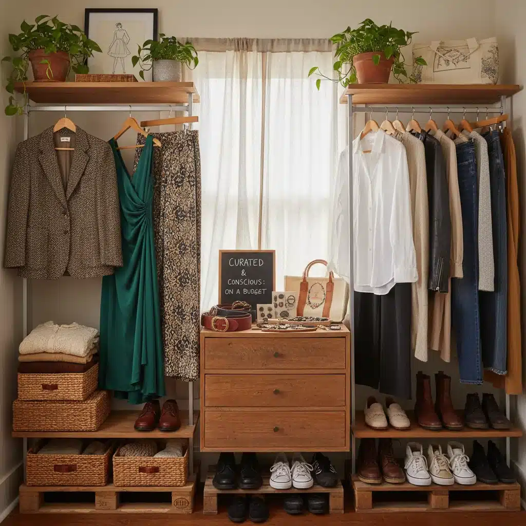 Curated sustainable wardrobe with high-quality vintage and modern clothes, demonstrating budget-friendly fashion.
